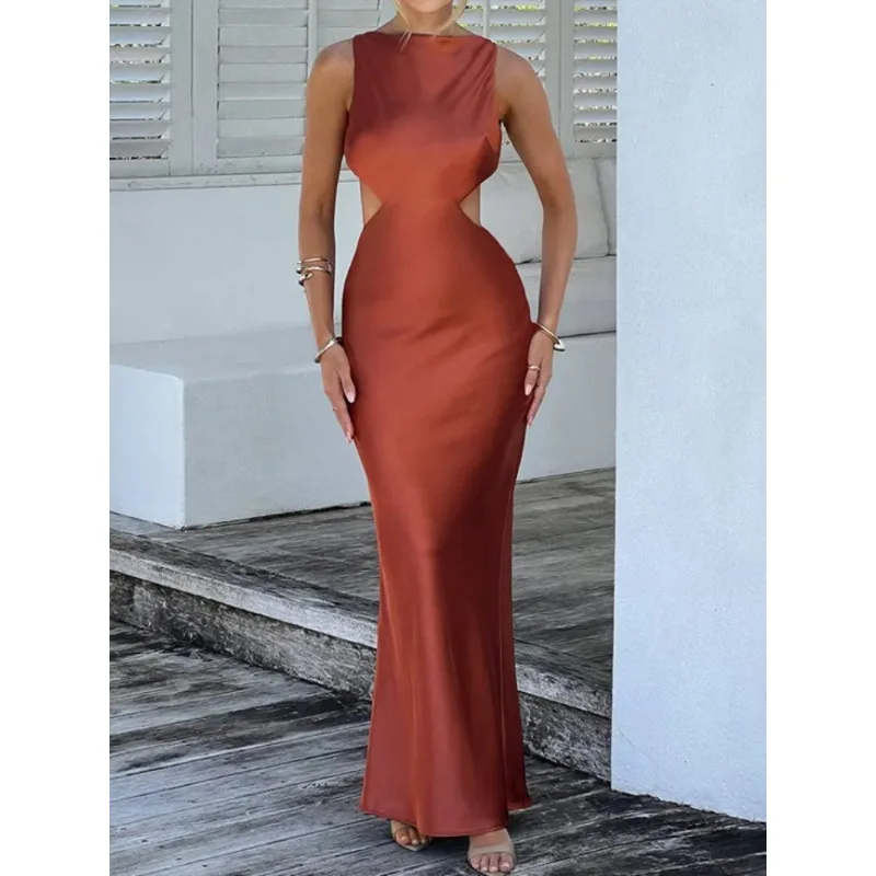 

2024 Summer Fashion Sexy Floor-Length Dress Ladies High Stretch Satin O Neck Sleeveless Sexy Dress