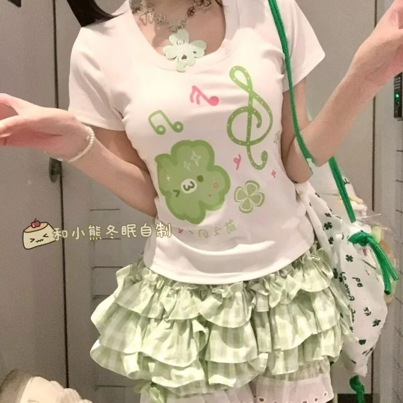 

Japanese Sweet Cute Female Student Fresh Summer New Chic Y2k Daily Slim Fit Short Sleeved Top+shorts Set Kawaii Two Piece Sets
