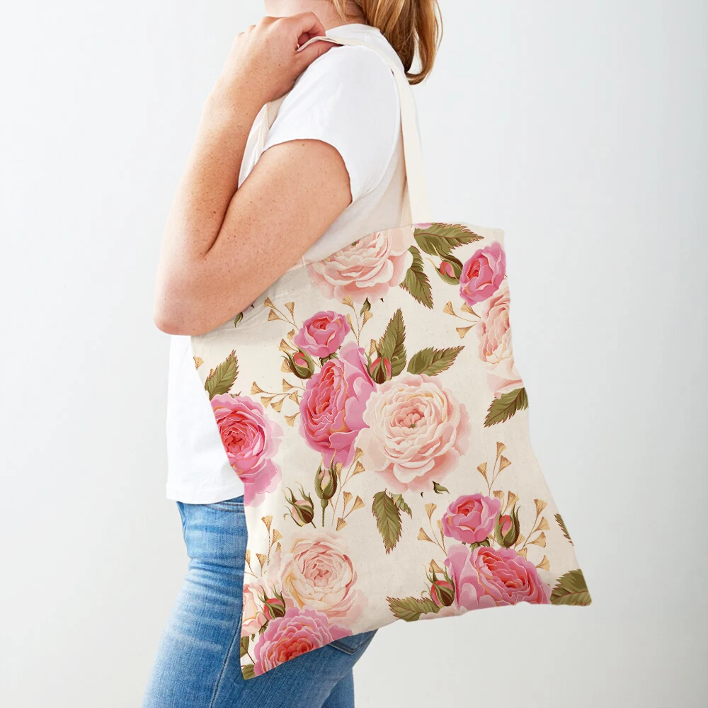 Bolsa de compras feminina de ambos os lados, desenho animado, rosa, floral, pássaro, bolsa reutilizável, planta, flor, estampa, casual, sacola de compras de lona