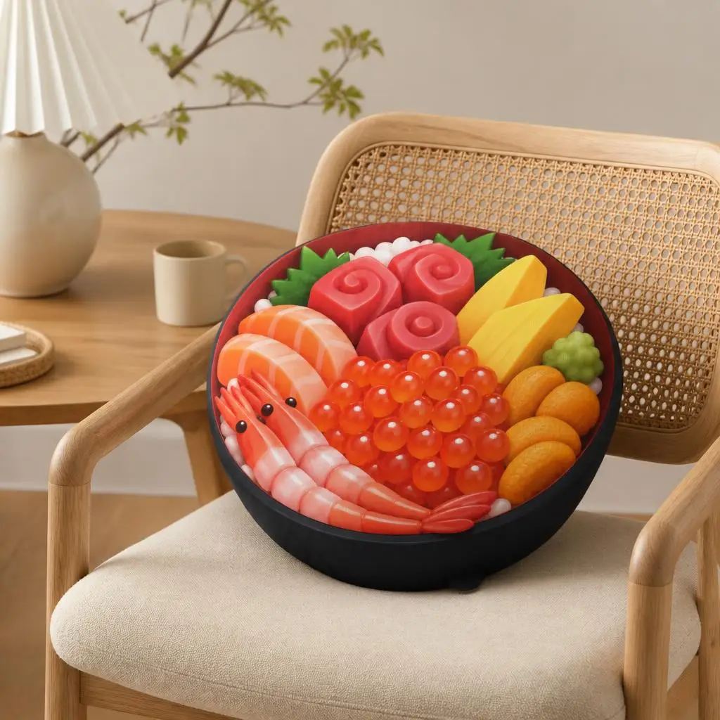 Japanese Sushi Bowl Shaped Throw Pillow Sashimi Cushion Stuffed Seafood Rice Decor Accent for Sofa Living Room Foodie Gift
