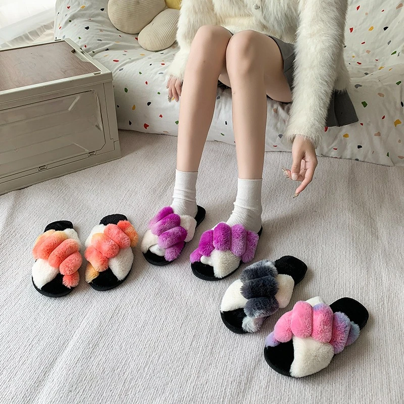 Winter Women Mixed colors Cross Strap Fluffy Home Slippers Fashion Open toed Plush Fur Slippers Flats Warm Cotton Slides Shoes