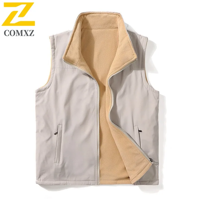 COMXZ 2025 T01 Autumn New Middle Aged Fleece Vest Reversible Waistcoat Turn Down Collar Top Plus Size Mens Vest