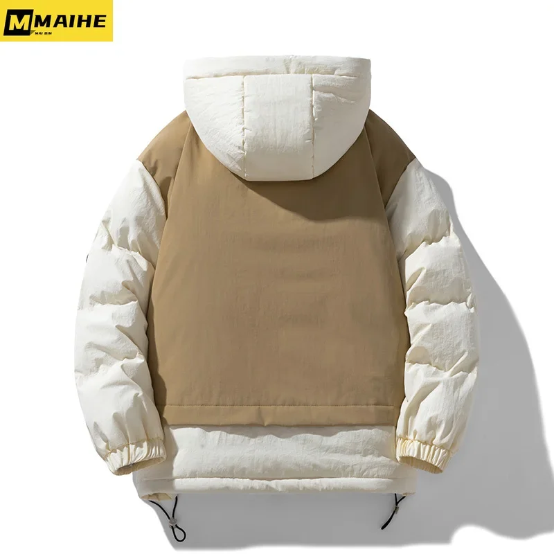 2023 new cotton-padded coat male winter thickened down cotton hooded fake two jackets Harajuku trend neutral windproof ski parka