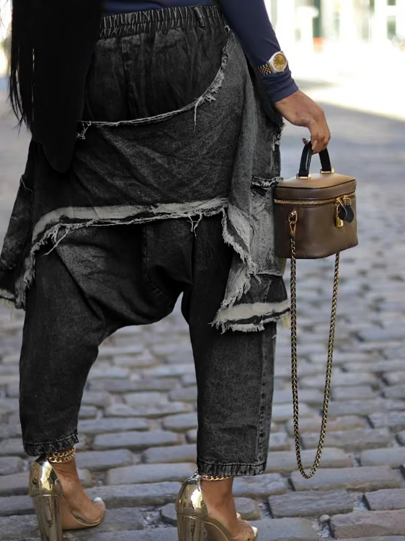 Calças de brim femininas harem calças buraco bolsos estilo punk jean 2025 rasgado tornozelo comprimento calças cintura elástica borlas lavadas angustiadas