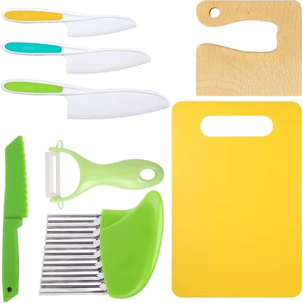 8-Piece Wooden Kitchen Knife Set for Kids: Safe Knives, Serrated, Potato Slicer, Sandwich Cutter, Peeler & Cutting Board