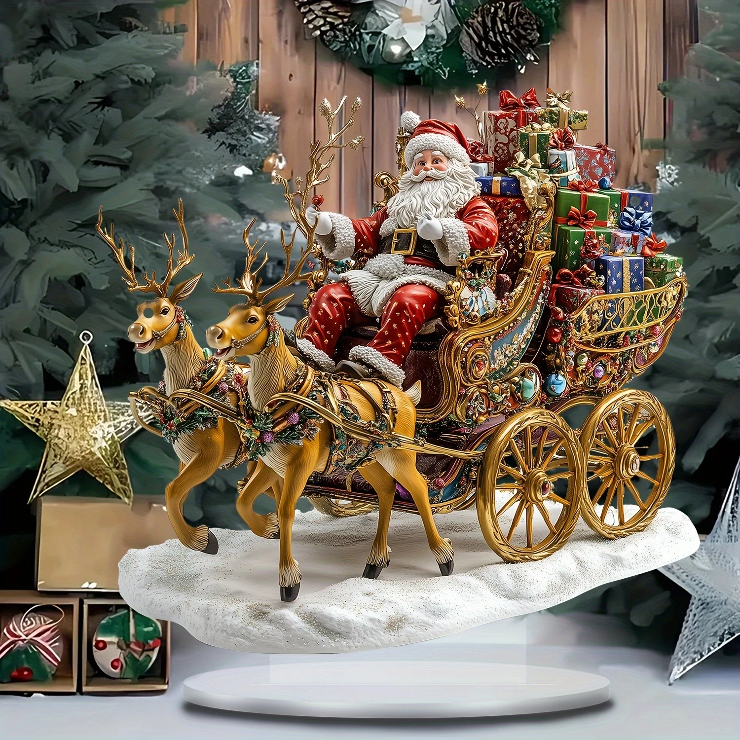 2D Santa Claus with Reindeer Sled Acrylic Figurine in Vibrant Colors Desktop Holiday Themed Home Decor 2026 New Year Gifts