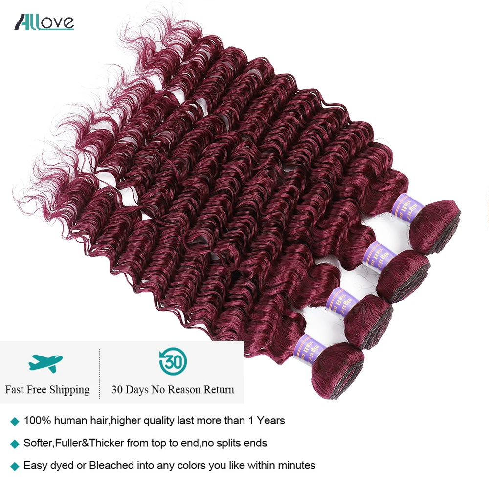 Allove 99J Burgundy Deep Wave Bundles 30 Inch Brazilian Red Hair Weaving 100% Colored Remy Human Hair Extensions For Women