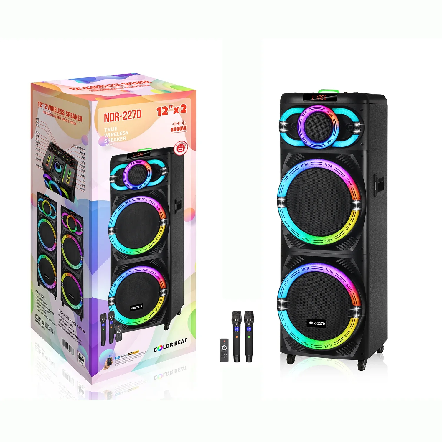 

NDR-2270 Double 12 Inch Woofer Wireless Karaoke Speakers With Mic Stage Portable Outdoor Remote Control Active Party BT Speakers