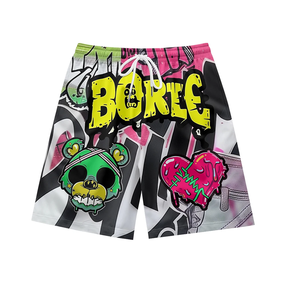 Borice Bear Love Lightning Graffiti Pattern, adecuado para uso diario, tendencia informal, pantalones cortos deportivos de playa con cordón para hombre de verano