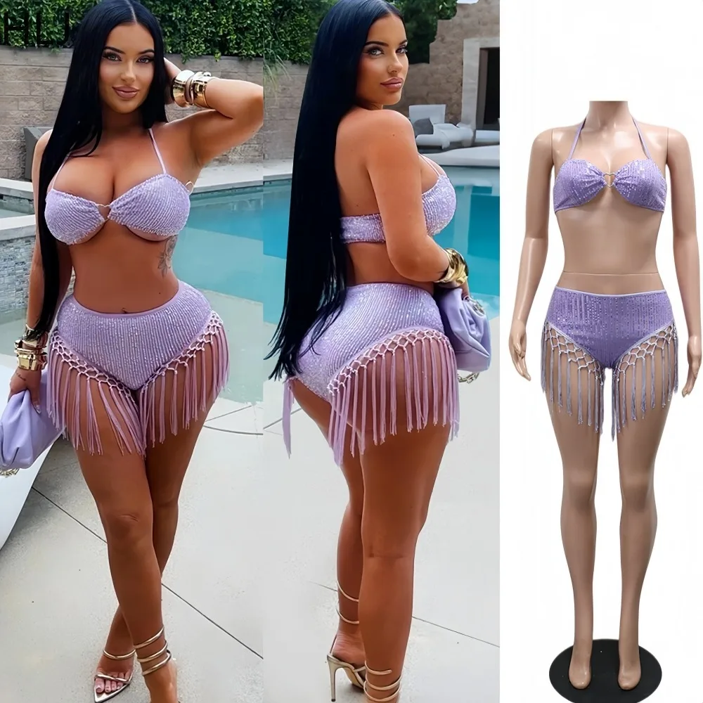 HLJ Women Sexy Lilac Purple Sparkly Metallic 2 Piece Outfit Strappy Halter Crop Top and Shorts Set Matching Beachwear Summer New