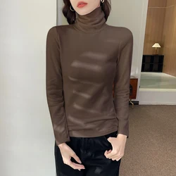 Autumn Winter Warm Turtleneck Jumper Velvet Bottom Shirt Women Simple Inner Slim Outer Wear Long Sleeve Warm Soft