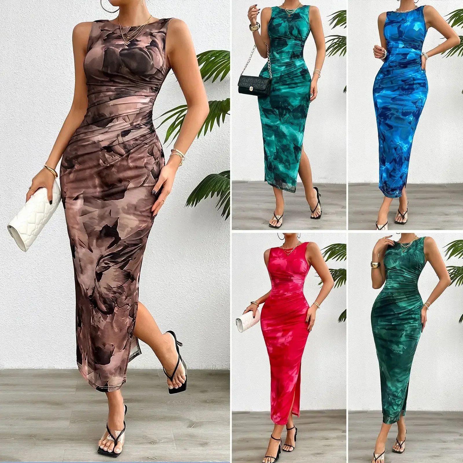 

LIBIELIY New Holiday Bohemia Vacation Long Dress Women Sexy Side Slit Tight Fitting Dresses Female Sleeveless O Neck Beach Style