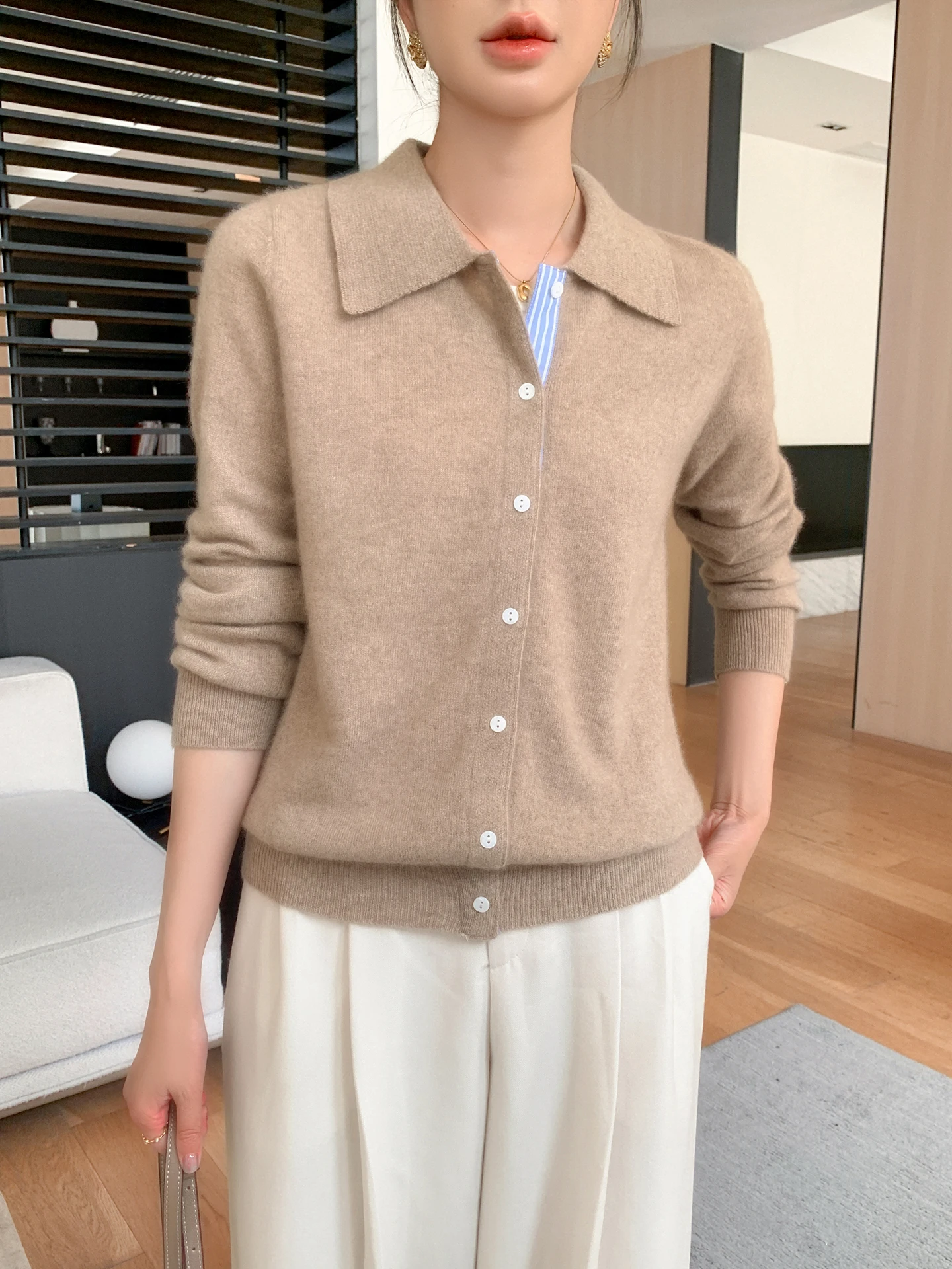 

Office Lady Autumn Winter Woman Sweater Solid Female Knitwear Polo Collar Cardigan Elegant Long Sleeve Clothing Tops Outerwears