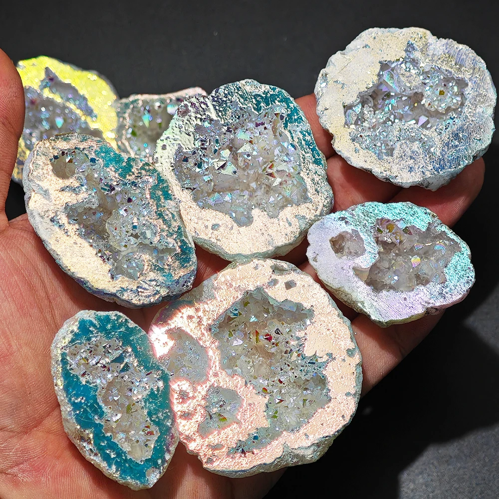 

Colored Morocco Geode Cave Set Electroplating Process Cornucopia White Crystal Cave Raw Stone Mineral Specimen Home Decoration