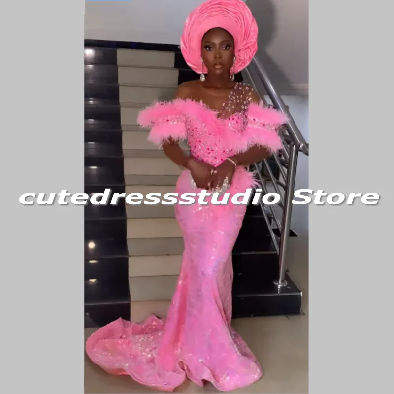 Ankara Pink Evening Dresses Feathers Owanbe Style Mermaid Prom Gowns Sequin Beading Wedding Reception Party Dress Customized