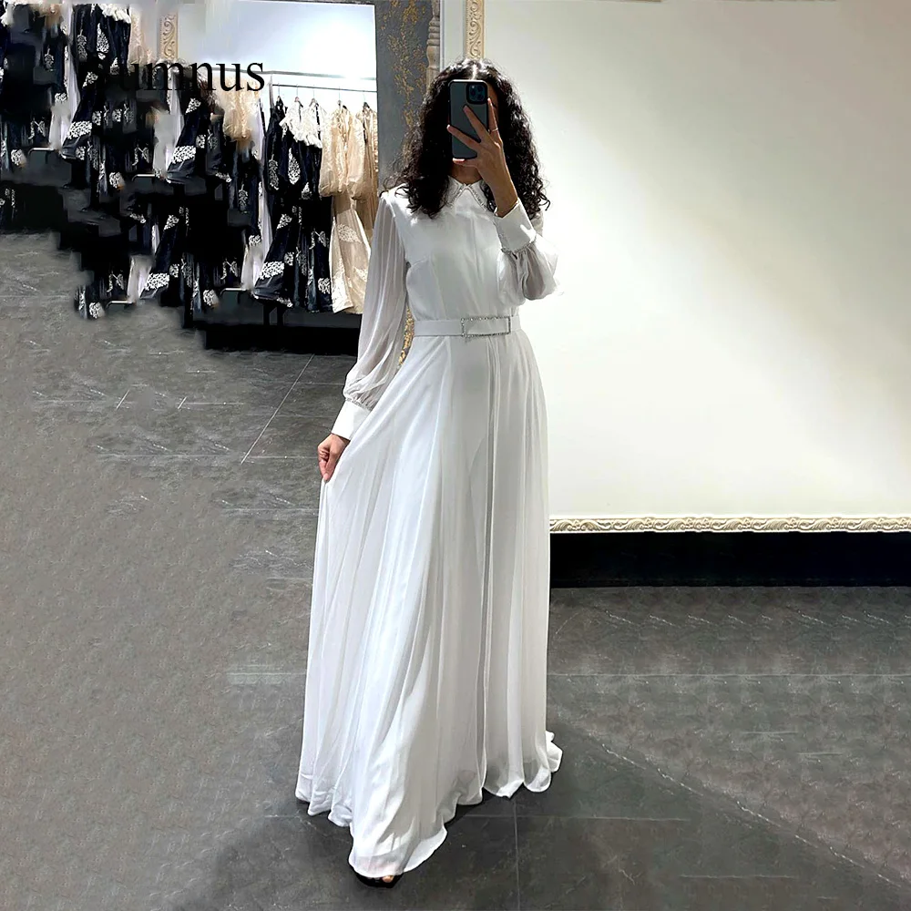 

Sumnus White Chiffon Long Saudi Arabia Evening Dresses with Belt Full Sleeve Beads Elegant Black Dubai Formal Event Party Gowns