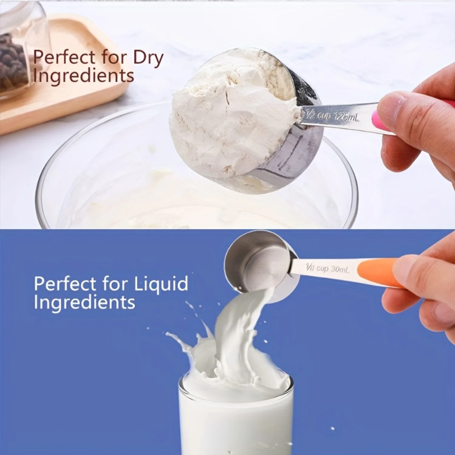 مجموعة أكواب وملاعق قياس 10 قطع - ستانلس ستيل مع مقابض سيليكون، مجموعة ملعقة قياس متدرجة ومجموعة أكواب أساسية