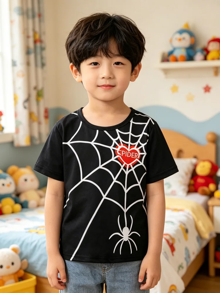 3D Spider Print T Shirt for Boys 1-12 Years Short Sleeve Summer Casual Streetwear Sport Party Kids Top