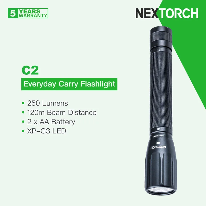 

Nextorch C2 Everyday Carry Flashlight with 4pcs AA Batteries, 250 Lumens, Waterproof, Uniform Light Beam, for Camping, Daily Use