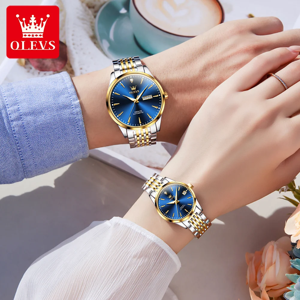 OLEVS 6635 Couple Watches Luxury Original Business Brand Waterproof Luminous Mechanical Watch Dual Calendar Design For Date