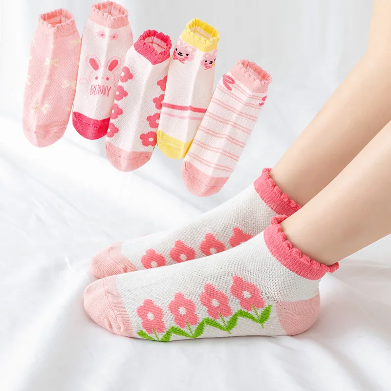 5 pairs of girls\' socks, summer mesh, soft, breathable, ultra-thin, non-stuffy, baby princess socks, cute and sweet style