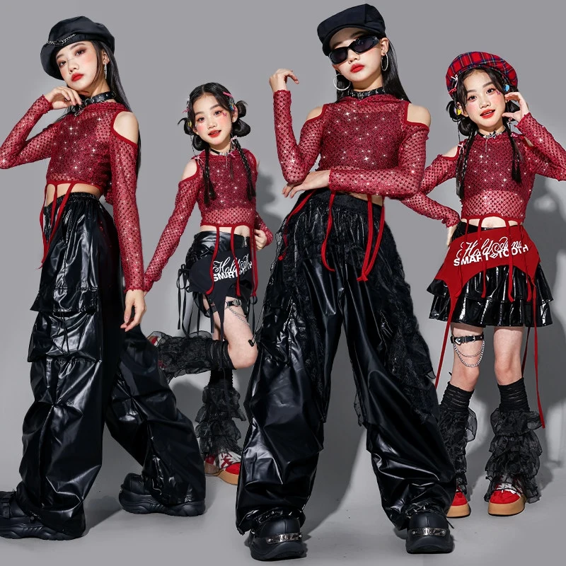

Girls Red Hip Hop Costume Red Sequin Net Navel Tops Leather Pants Skirt Cheerleading Jazz Dance Performance Clothes Kpop BL18066