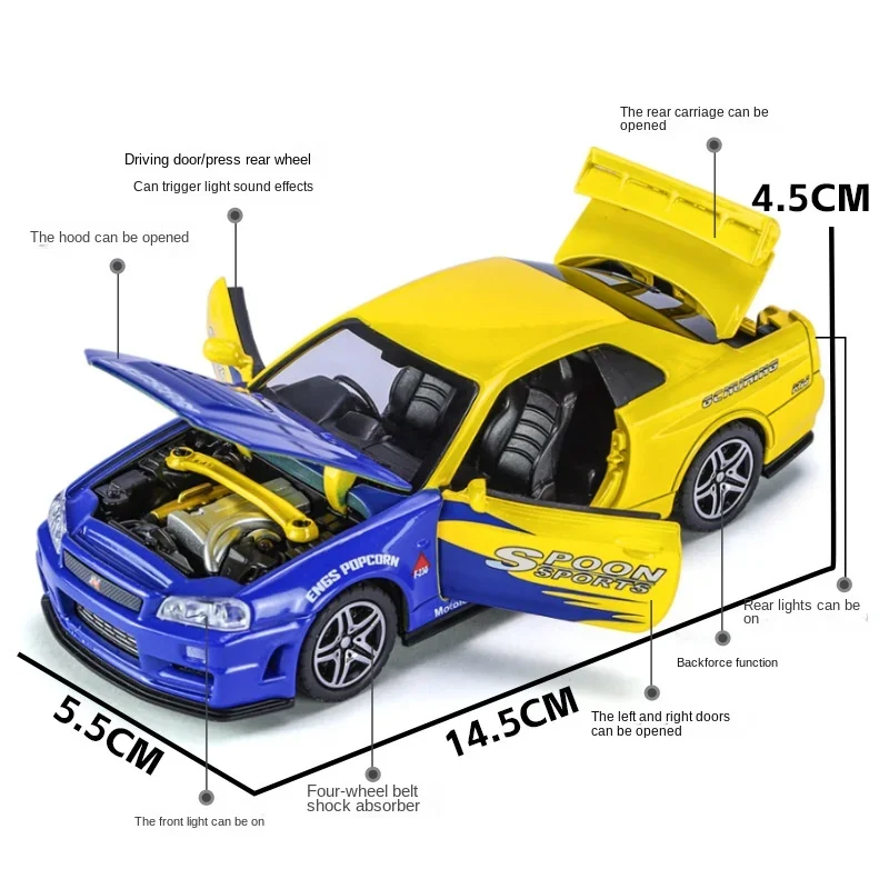 Simulation 1/32 Scale Nissan GTR R34 Alloy Sport Car Model With Sound Light Diecast Toy Vehicles Collective Miniature Voiture