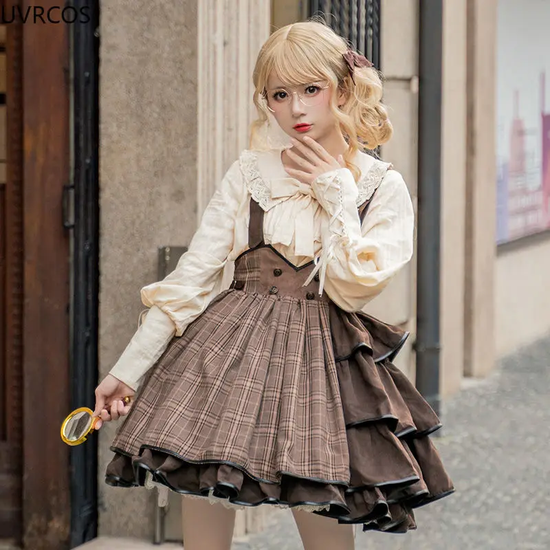 Spring Summer Japanese Gothic Lolita Jsk Dress Women Kawaii Ruffle Harajuku Brown Strap Dress Girls Punk Loli Tea Party Vestidos