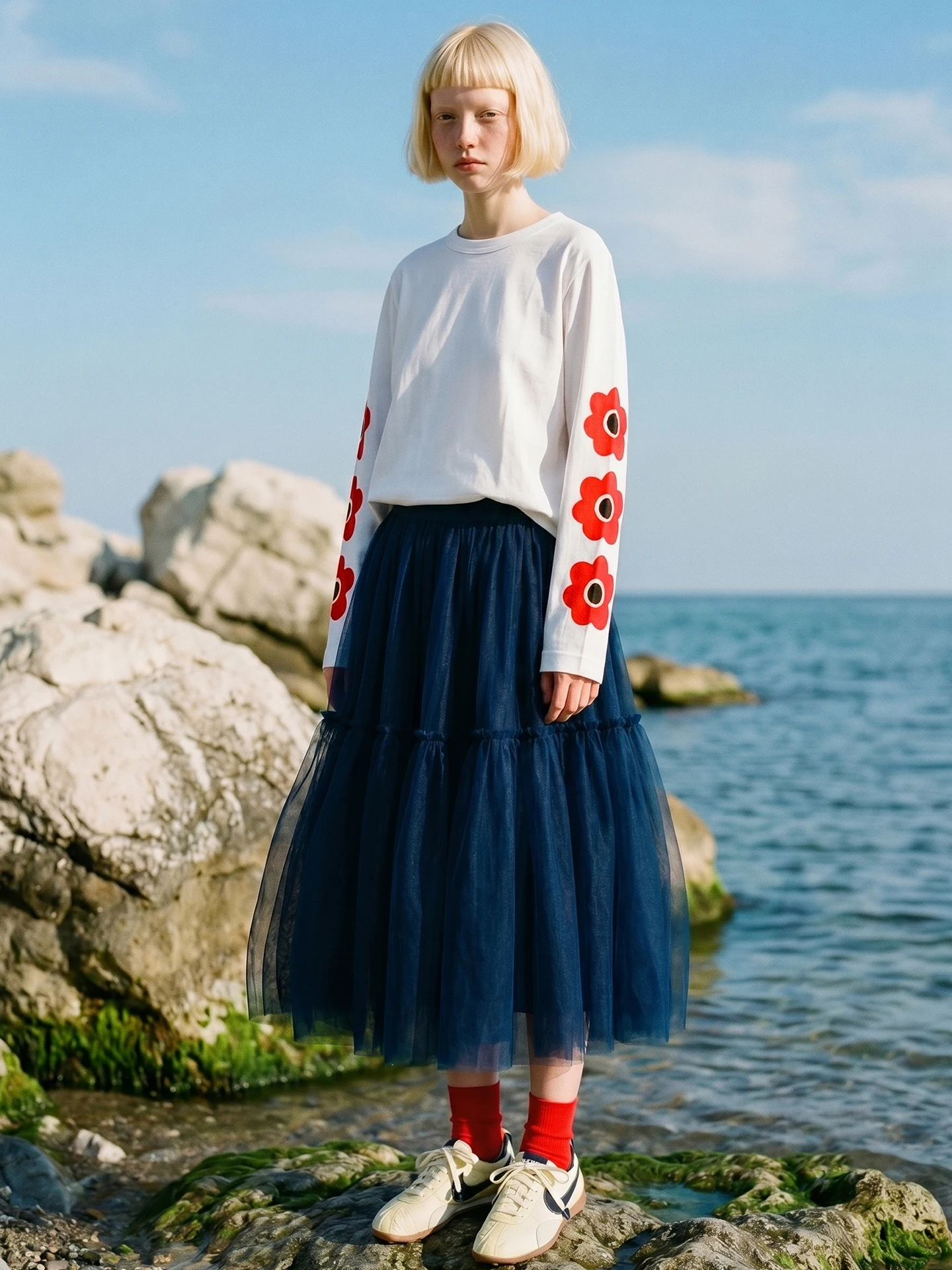 

imakokoni 2026 Spring High Waist A-line Puff Half length Skirt Versatile Mid length Retro Blues Mesh Skirt 265398