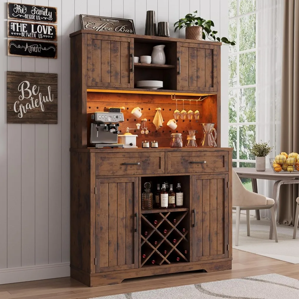 

72" Coffee Bar Cabinet With Power Outlet & Led Light, Farmhouse Large Kitchen Hutch With Sliding Barn Door, Tall Bar Cabinets