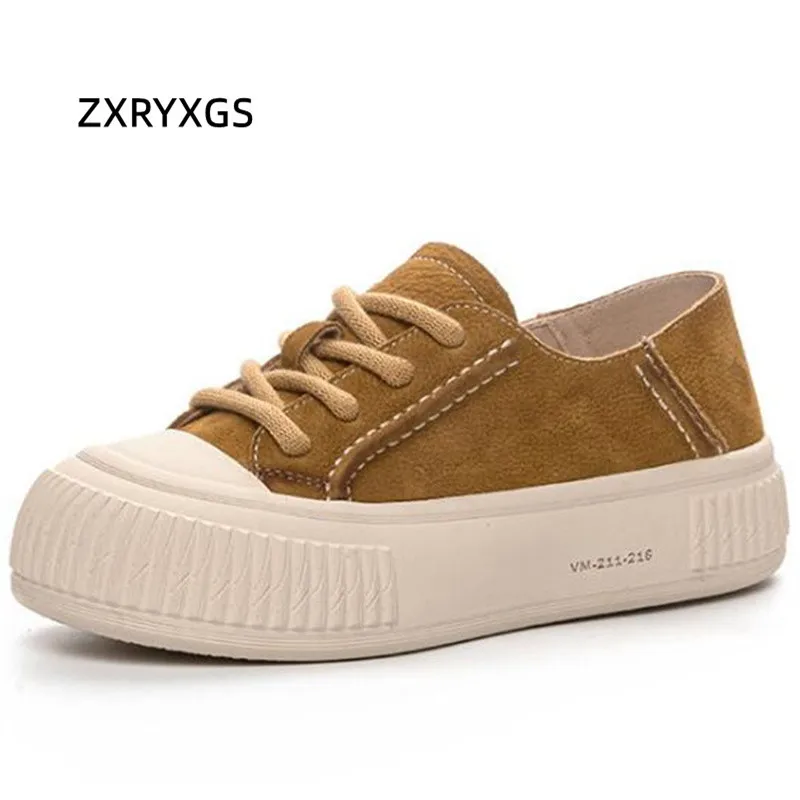 

ZXRYXGS 2024 Top Cowhide Vulcanized Leather Sneaker Platform Shoes Increase Trend Shoes Woman New Lace Up Two Pairs Casual Shoes