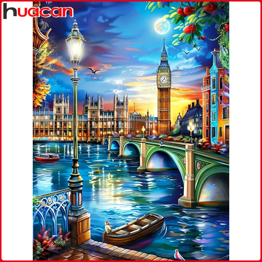 Huacan 5D-Diamantgemälde zum Selbermachen, Stadt, Fluss, Boot, Diamant-Stickerei, Landschaft, neue Kollektion, dekorative Gemälde