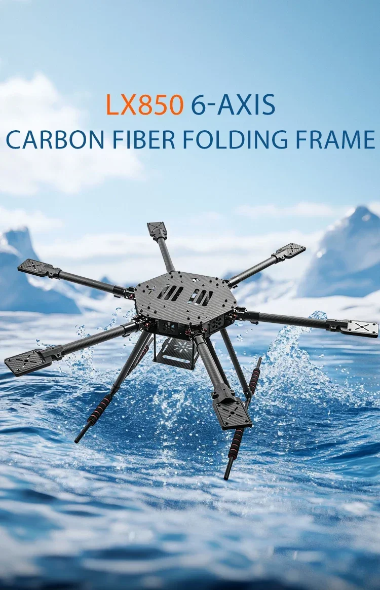 LX850/zd850 Fibra de carbono completa 850 mm Hexa-Rotor Marco Brazo plegable Kit de marco de hexacóptero con tren de aterrizaje flotante para FPV