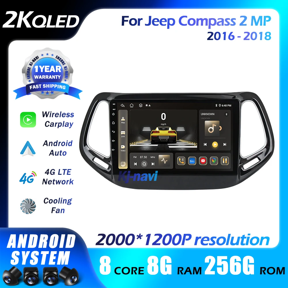 Android Auto 8G+256GB Wireless Carplay For Jeep Compass 2 MP 2016 - 2018 Car Radio Multimedia Video Player GPS Navigation DSP