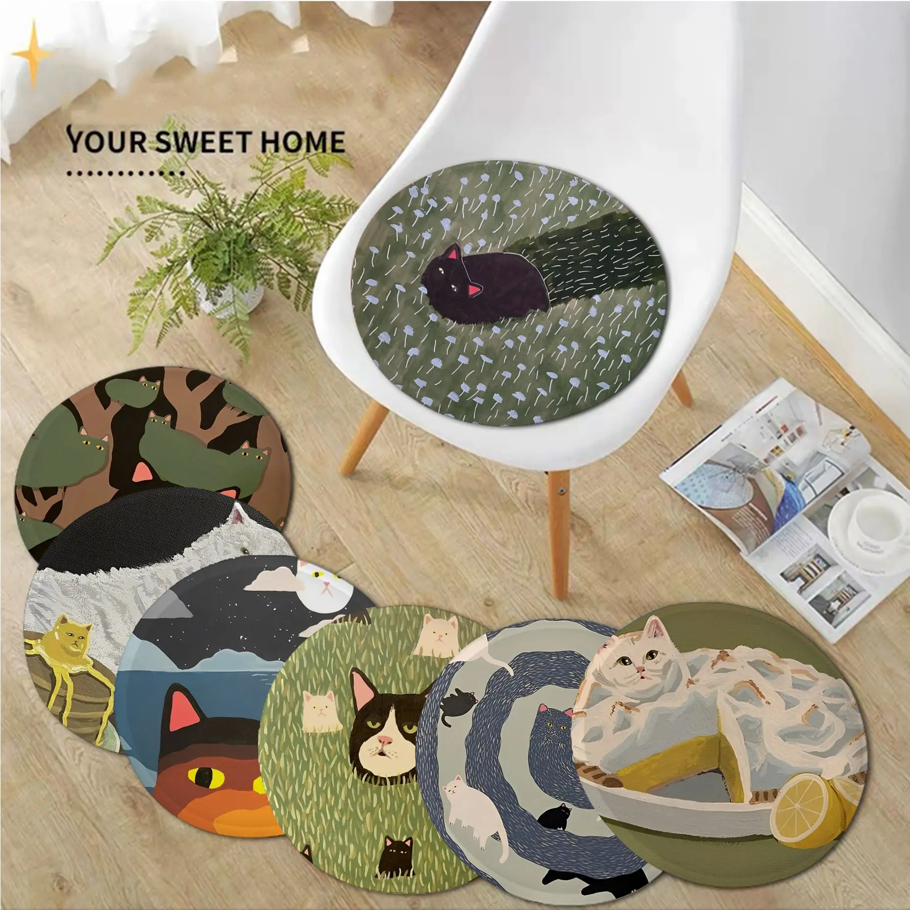 

Abstract Black Cat Cushion Mat Square Stool Pad Patio Home Kitchen Office Chair Seat Cushion Pads Sofa Seat Sofa Decor Tatami