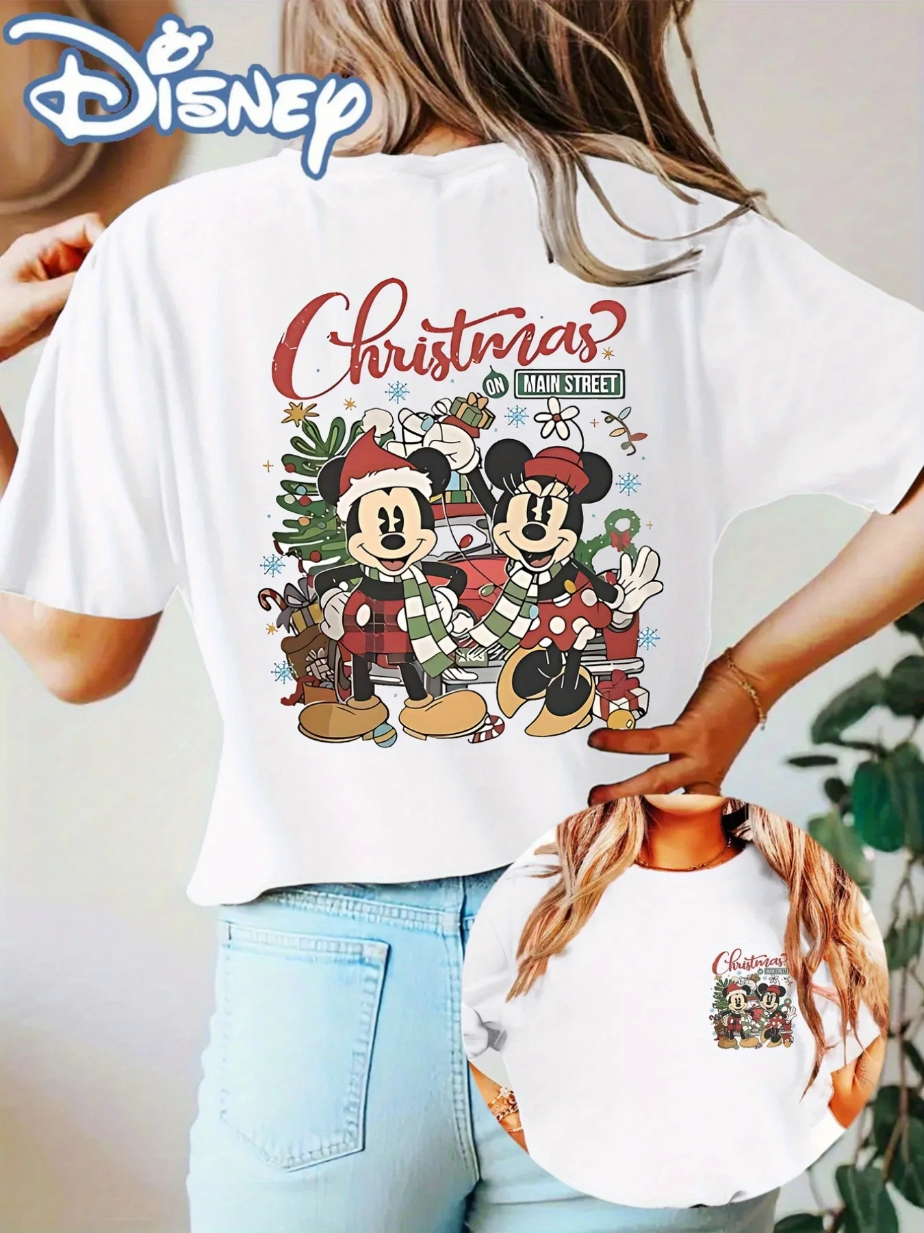 

Disney Women'S Christmas T-Shirt Official Mickey Minnie Mouse Holiday Party Outfit Tee Front Back Prints Soft Everyday Top
