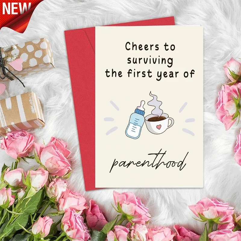 

Cheers to Surviving First Year Parenthood Greeting Card, New Parents Congrats Card, Coffee & Baby Bottle Them