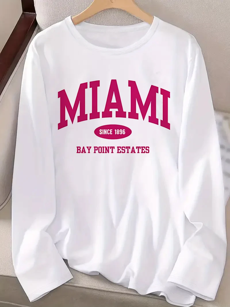 Fashion MIAMI Letter Print Autumn Winter Graphic T Shirt Women's Casual Long Sleeve T-Shirt Crew Neck Top Tee Tshirt