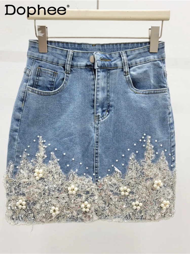 

2024 Summer New Heavy Industry Beads Sheath Skirt Women Fashion Flower Embroidered Stretch Slimming High Waist Denim Skirt