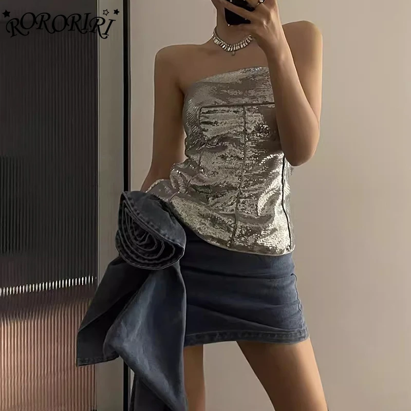 

RORORIRI Sparkle Sequin Corset Tube Top Women Silver Vintage Y2k Zip-up Off-shoulder Sleeveless Vest Raves Music Festival Outfit