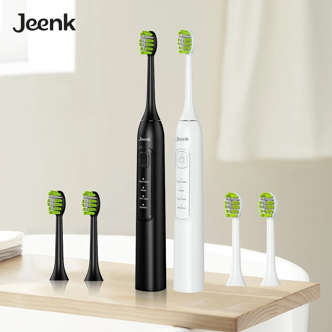

Jeenk Sonic Electric Toothbrush JK-Y05 set USB Charge Toothbrushes for Adult 4 Mode Smart Time Black/White 12 Replacement Heads