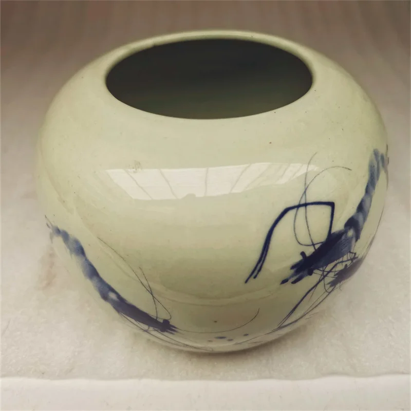Blue White Shrimp Pattern round Storage Tank China Old Porcelain Collection Vase Antique Decorative Jar