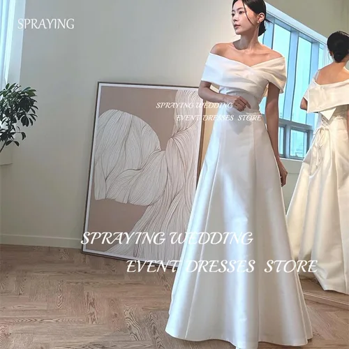 스프레이 웨딩 사진 심플 오프 숄더 새틴, 한국 웨딩 원피스, 바닥 길이 긴 웨딩 원피스, 맞춤형 코르셋 