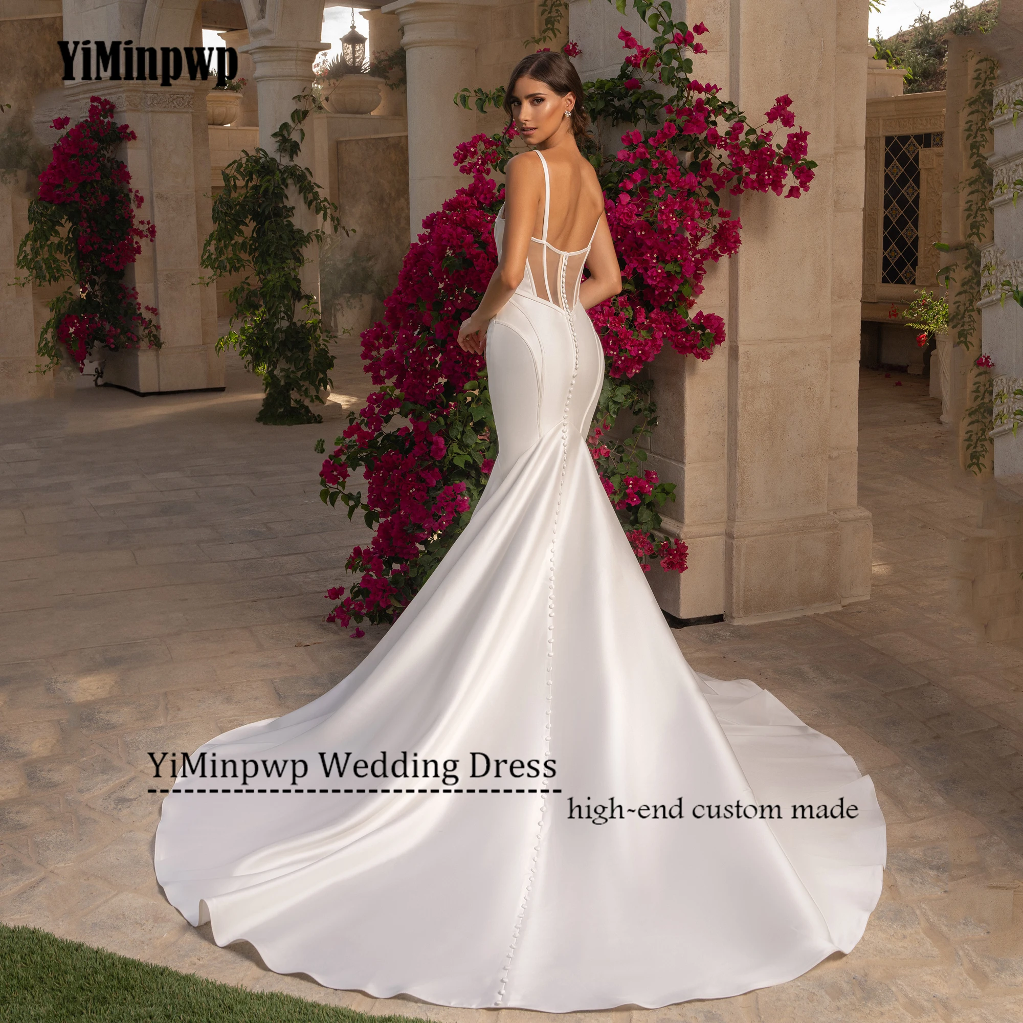 Robe de mariée sirène blanche Simple, personnalisée, Sexy, dos nu, en Satin, col en v, sans manches, élégante, avec traîne de balayage, 2025