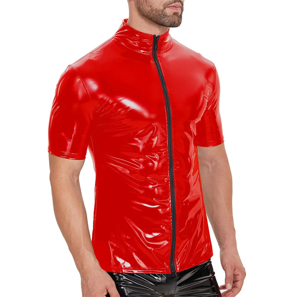 Men's Short Sleeve Wet Look Glossy PVC Leather Slim T-shirts Zipper Tight Stand Collar Streetwear Tees Shiny Latex Tops Clubwear