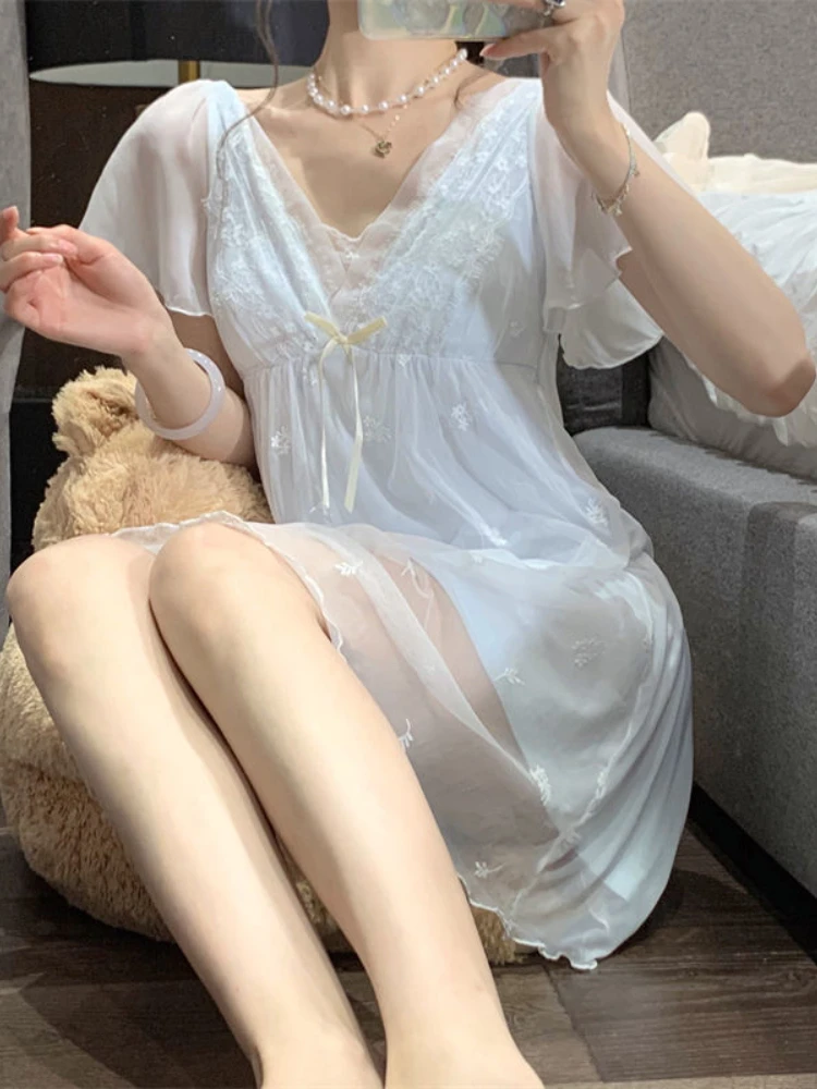 Lace Nightgowns Women High Waist Sweet Korean Style Princess Casual A-line Embroidery Trendy Nightwear Solid Ladies Temperament