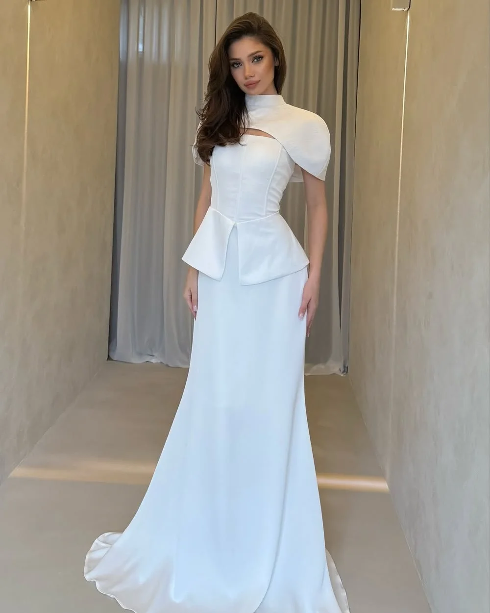 

Customized Elegant Simple Ruched Pleat Mermaid High Collar Long Dresses Bespoke Occasion Dresses Sizes Available Modern Style