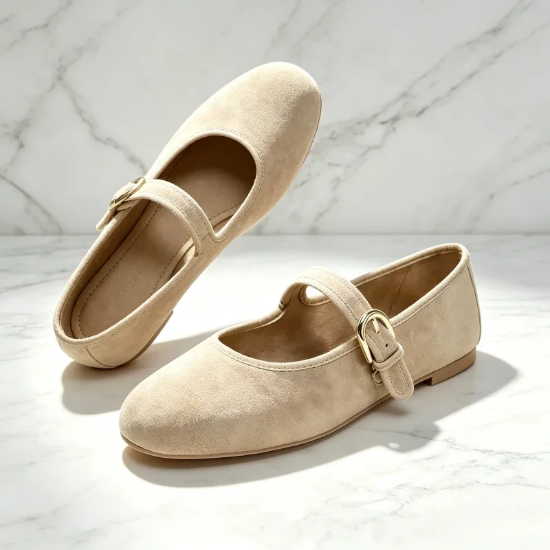 High Quality Suede Brand Ballet Flats Women Cozy Round Toe Shallow Mary Jane Shoe Elegant Narrow Buckle Plus Size Designer Flats