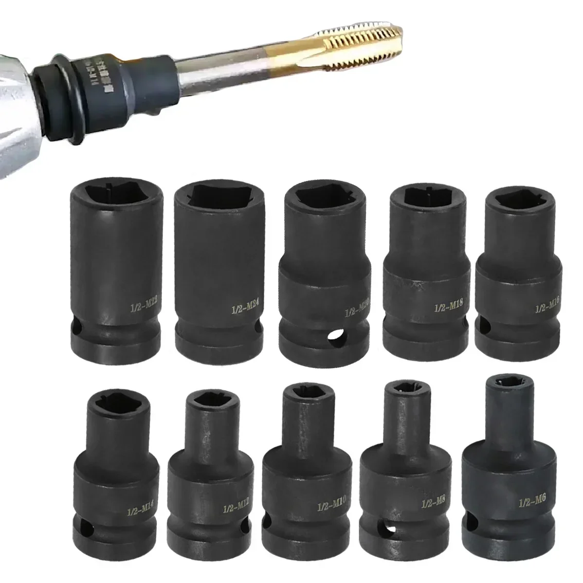 10pcs/set 6mm-24mm Suqare Screw Tap Socket 1/2 Inch Driver Socket Adapter Or Electric Driver Wrench Power Tool Accessories