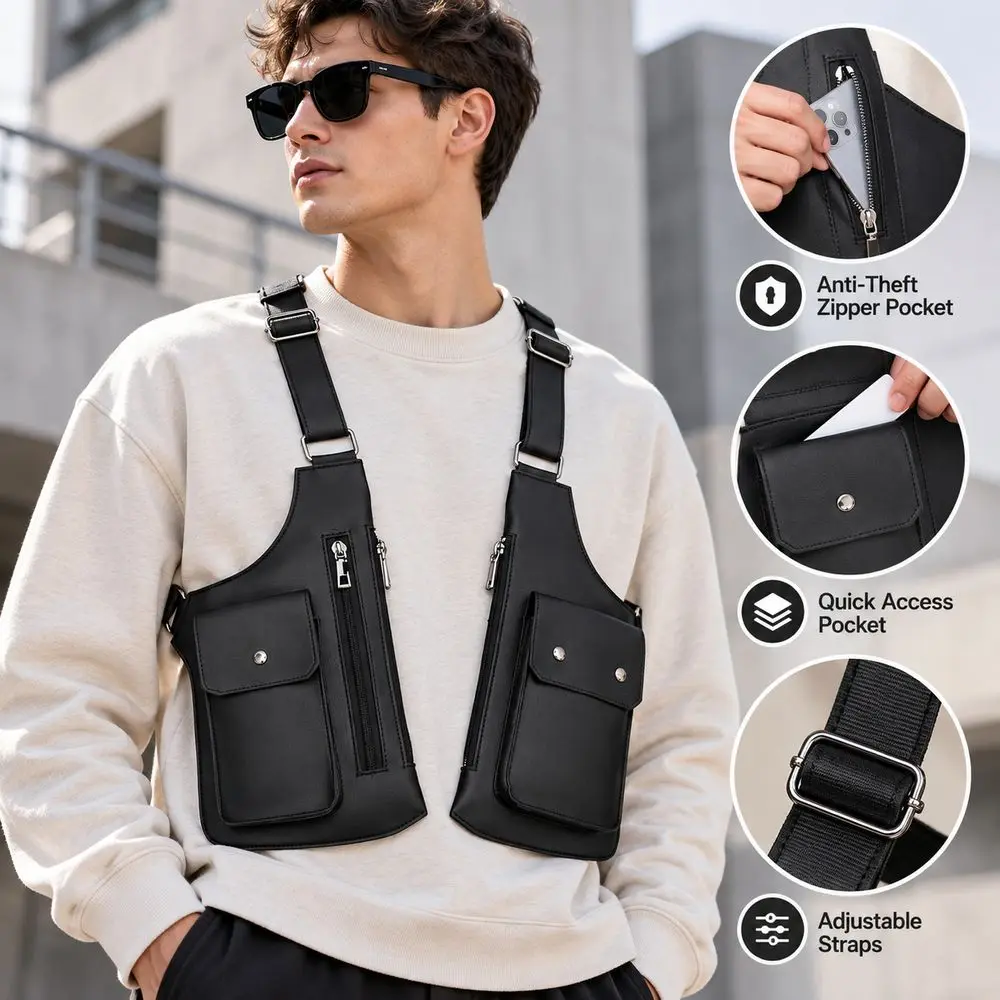 Anti-theft Storage Vest Bag Multi-Pocket Concealed Hidden Underarm Shoulder Multifunction Leather Mobile Phone Bag Men Woman